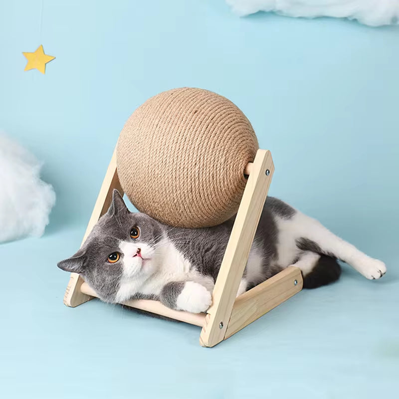 Scandinavian design wooden cat scratching ball with hemp rope