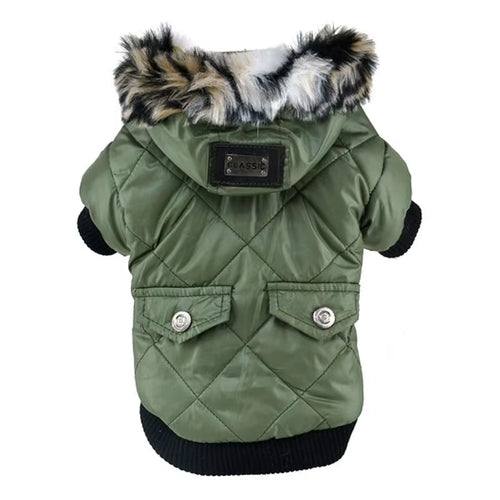 Luxury pet jacket with fur-trimmed hood, Korean-style design offering warmth and fashion