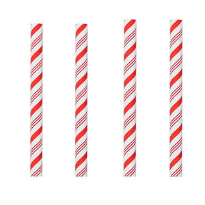 Four red and white striped straws on a white background