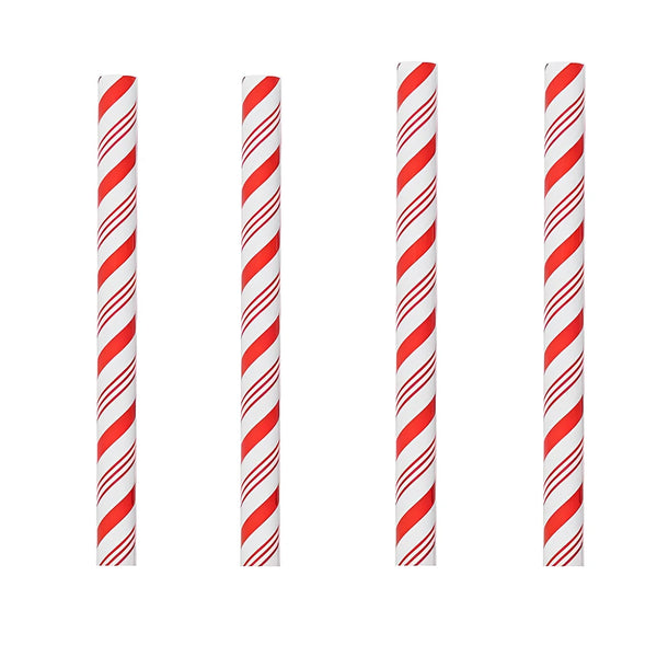 Four red and white striped straws on a white background
