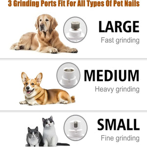 Pet nail grinder with three grinding ports for small medium and large pets including cats and dogs
