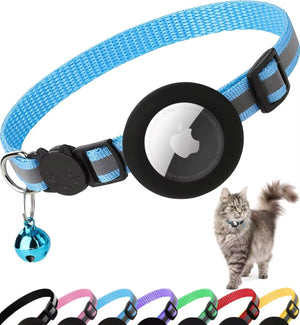 Reflective Airtag cat collar with bell, secure Apple AirTag holder, perfect for pet safety