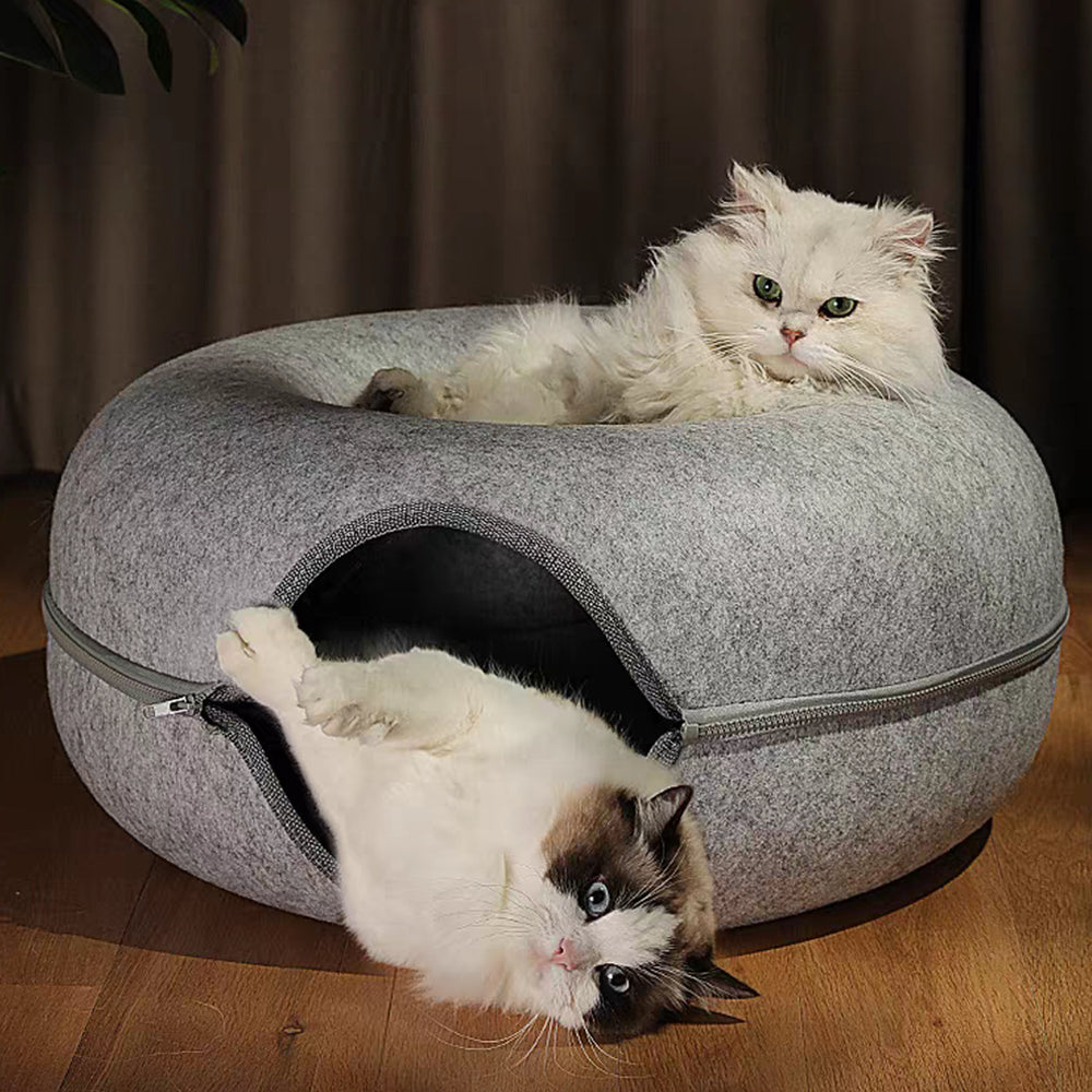 Large cat cave with play tunnel providing cozy enclosed space for multiple cats
