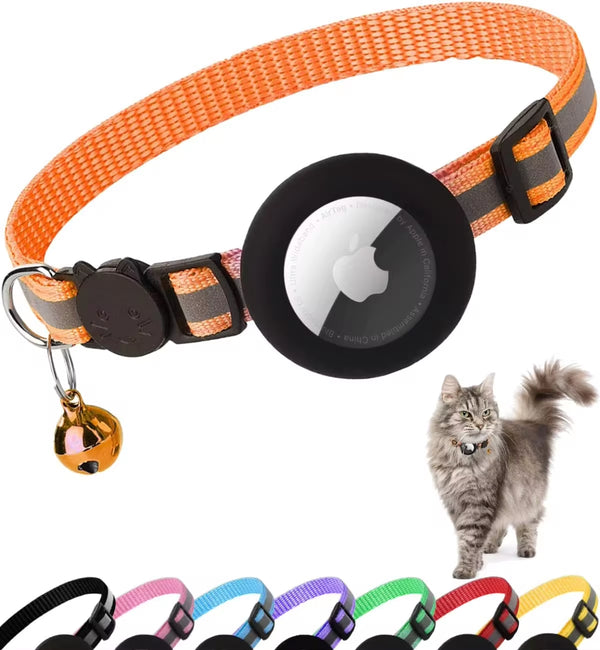 Reflective Airtag cat collar with bell, secure Apple AirTag holder, perfect for pet safety
