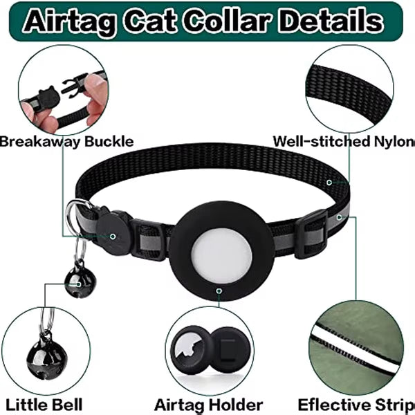 Reflective Airtag cat collar with bell, secure Apple AirTag holder, perfect for pet safety