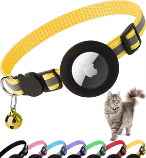 Reflective Airtag cat collar with bell, secure Apple AirTag holder, perfect for pet safety