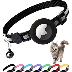 Reflective Airtag cat collar with bell, secure Apple AirTag holder, perfect for pet safety
