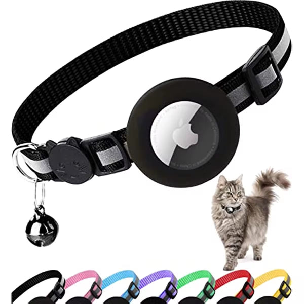 Reflective Airtag cat collar with bell, secure Apple AirTag holder, perfect for pet safety