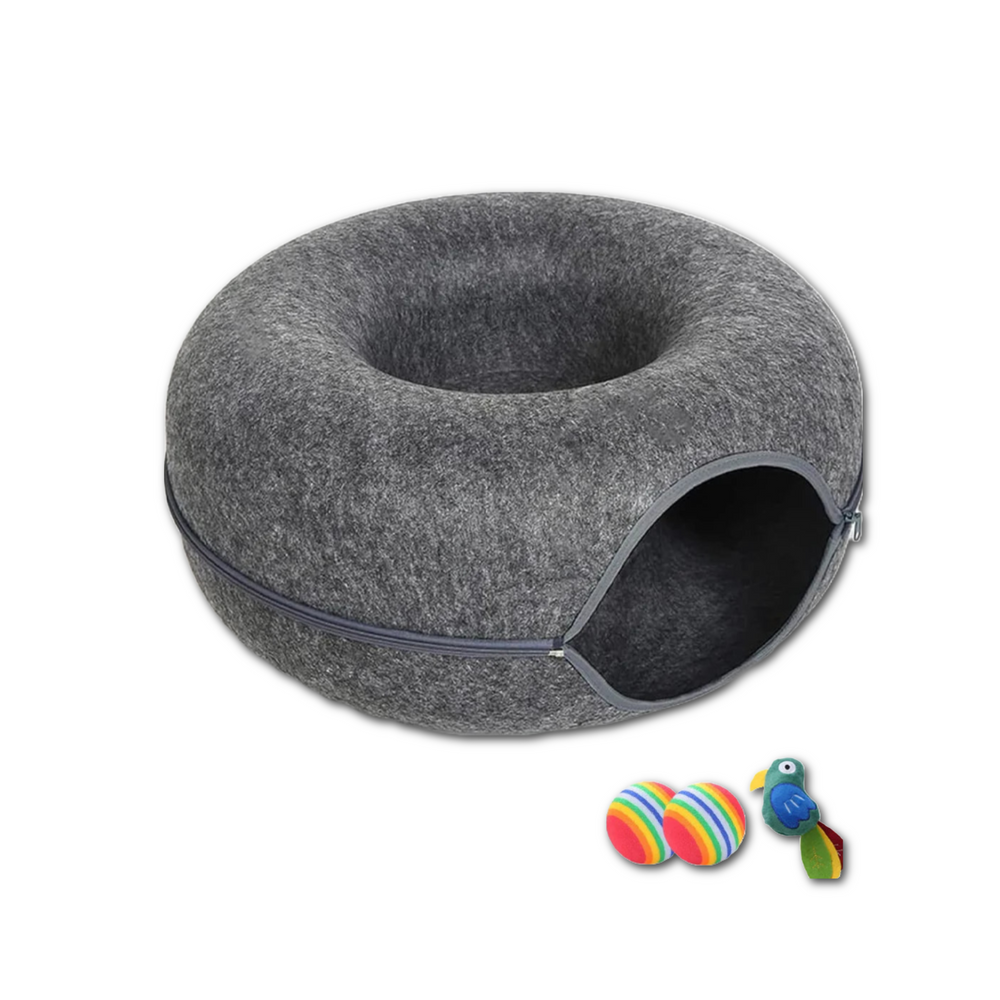 Large cat cave with play tunnel providing cozy enclosed space for multiple cats