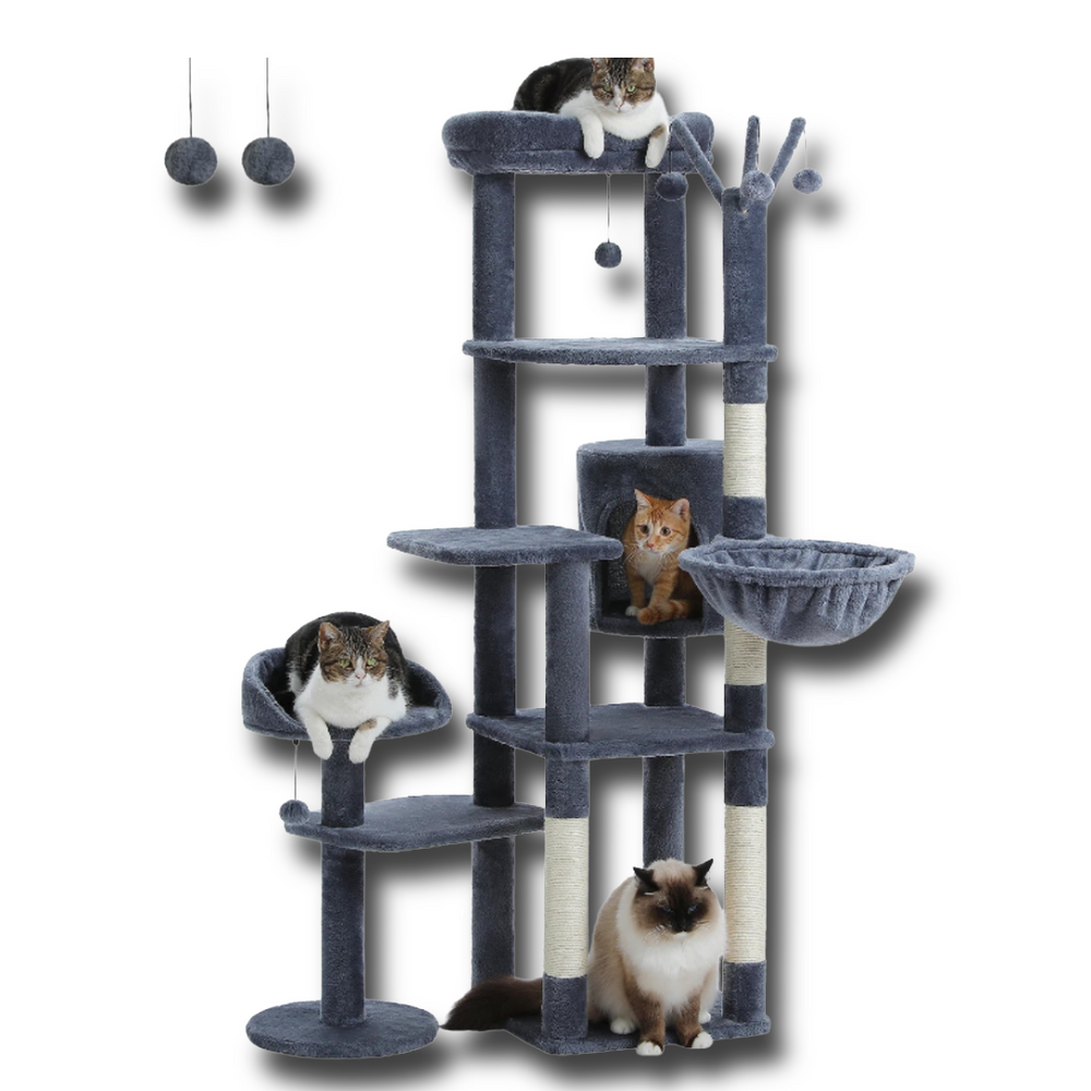 Multi-Level Cat Tower - Premium Blue-Grey Cactus Design with Hammock &amp; Condos | Large Cat Tree
