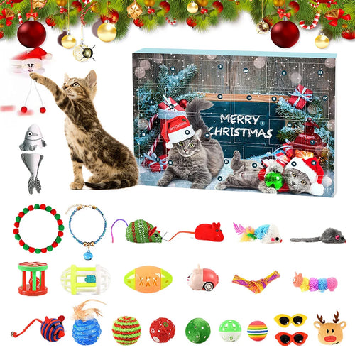 Cat toys and a Christmas-themed advent calendar with festive decorations.
