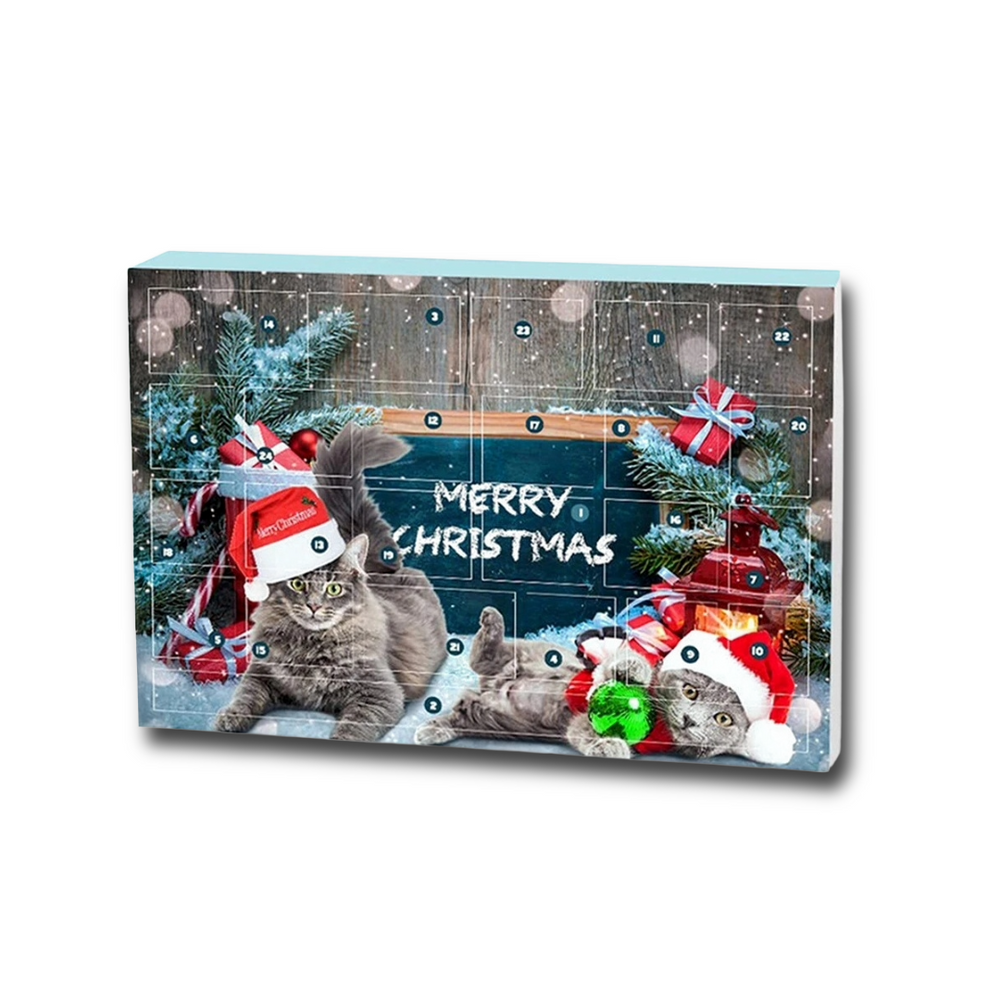 Advent calendar with cats wearing Santa hats and Christmas decorations on a white background