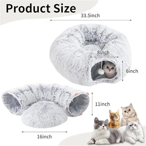 Measurement chart of a plush pet cave with dimensions and a small cat inside.