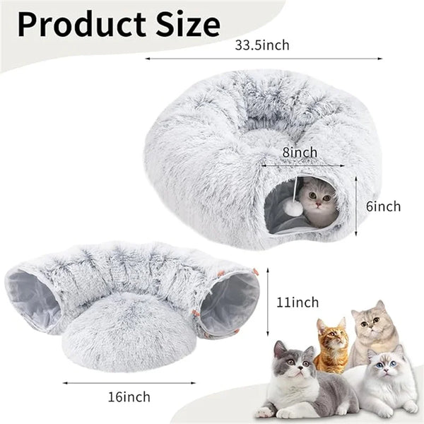 Measurement chart of a plush pet cave with dimensions and a small cat inside.