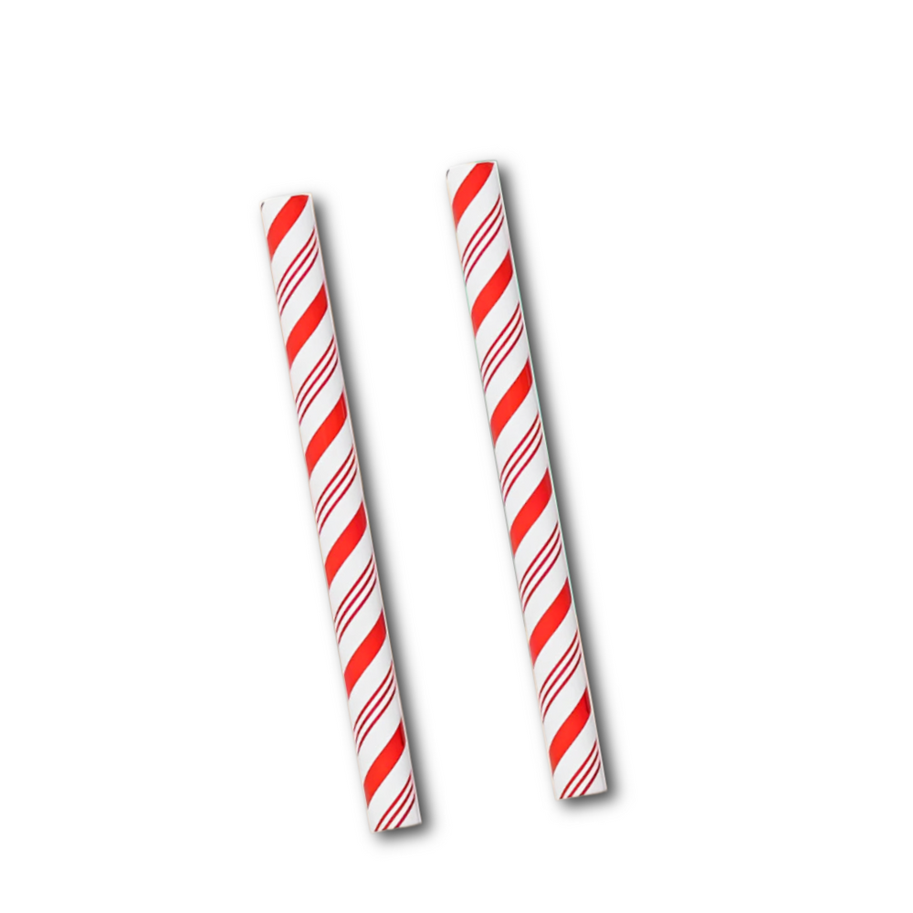 Two red and white striped straws on a white background