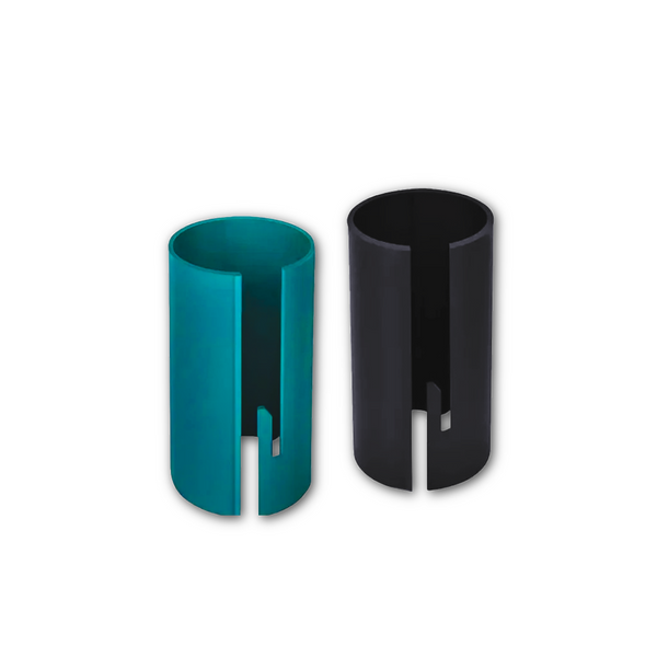 Two cylindrical holders, one teal and one black, on a white background