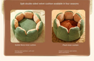 Two versions of the green flower-shaped pet bed shown side by side: one with a bubble-fleece inner cushion for spring and summer, and one with a plush warm cushion for autumn and winter.