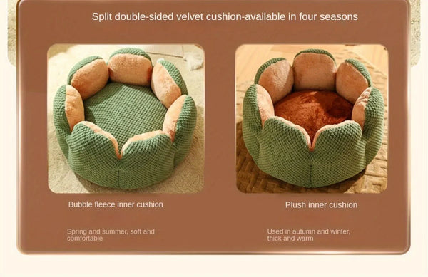 Two versions of the green flower-shaped pet bed shown side by side: one with a bubble-fleece inner cushion for spring and summer, and one with a plush warm cushion for autumn and winter.
