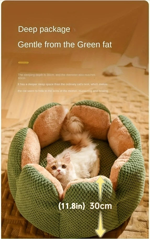 Cream-colored cat lying inside a deep green flower-shaped plush pet bed with a height measurement of 30 cm (11.8 in) shown on the image.