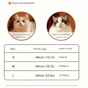 Size chart showing S, M, and L flower-shaped pet beds with corresponding diameters and recommended cat weights, along with photos of two cats used for sleep tests.