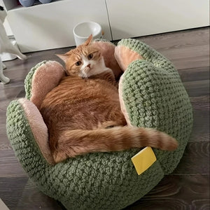Large orange cat lounging inside a green petal-shaped plush pet bed on a wooden floor.