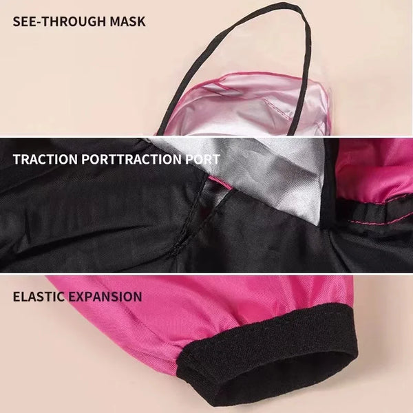 Dog raincoat close-up showing hood visor and elastic design