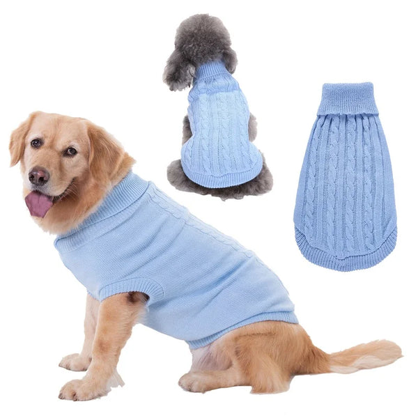 Cable-knit dog sweater in light blue - Golden Retriever and Poodle showing size options