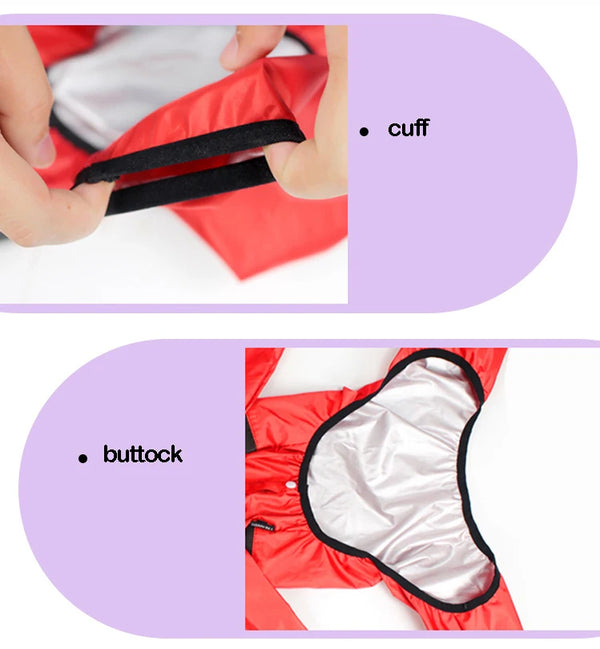 Dog raincoat construction - elastic cuffs and waterproof belly coverage detail