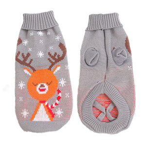 Festive knitted dog sweater with orange reindeer - gray with candy cane scarf front and back view
