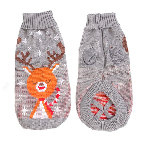 Festive knitted dog sweater with orange reindeer - gray with candy cane scarf front and back view
