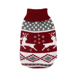 Festive knitted dog sweater with Nordic reindeer pattern - red white gray flat lay
Optio