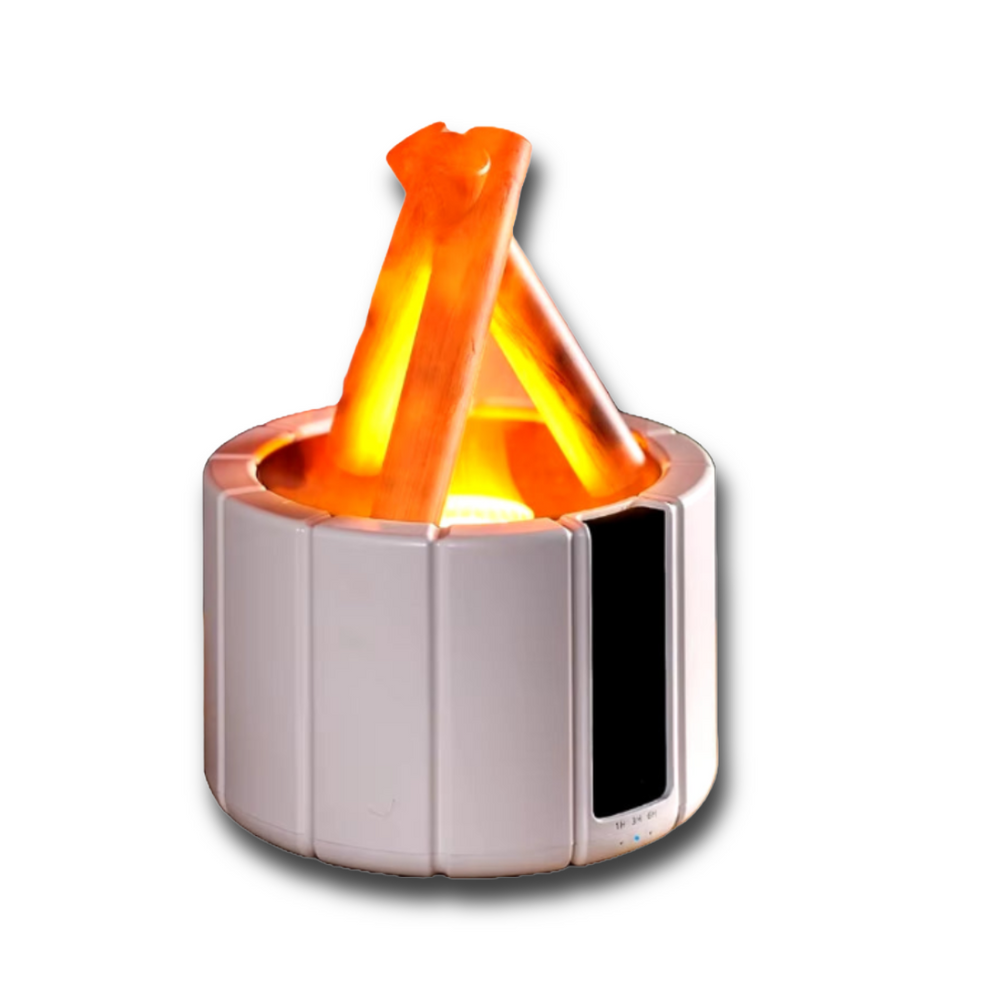 Bonfire-inspired flame aroma diffuser creating ambient lighting and releasing soothing essential oils