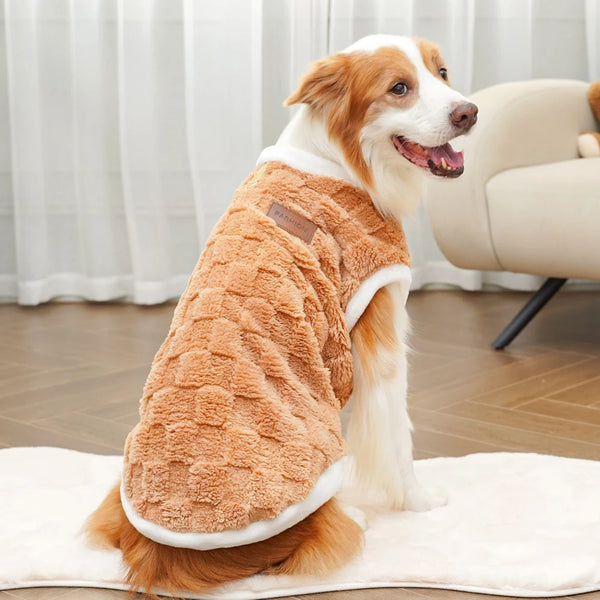 Fleece dog vest brown - Corgi back view showing full coverage in modern home setting
