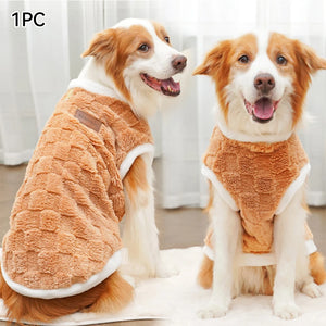 Fleece dog vest brown - two happy Corgis wearing soft winter vest front and side view

