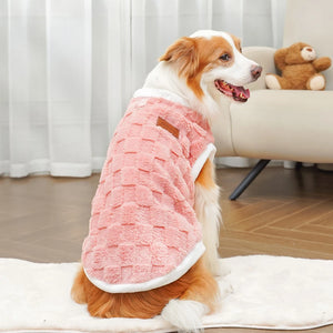Fleece dog vest pink - Corgi back view showing full coverage in modern home setting
