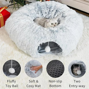 Fluffy pet bed with a cat inside, surrounded by Christmas decorations.