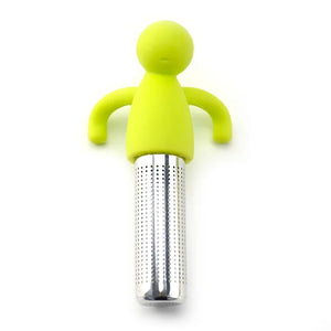 Green silicone tea infuser with metal mesh on a white background