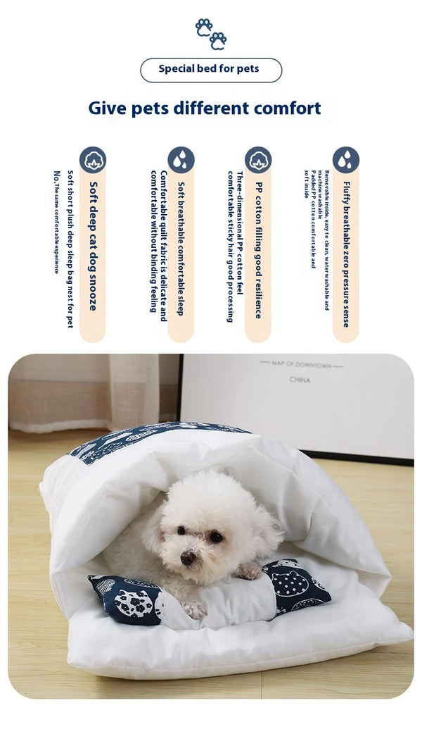 Japanese pet sleeping pod benefits - white dog in bed with comfort features infographic
