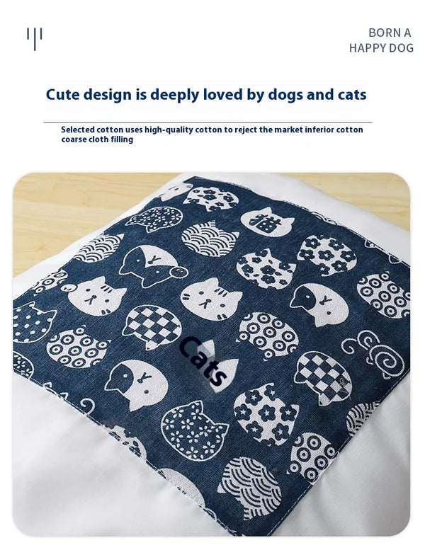 Japanese pet sleeping pod lucky cat pattern detail - navy fabric with white cat designs close-up
