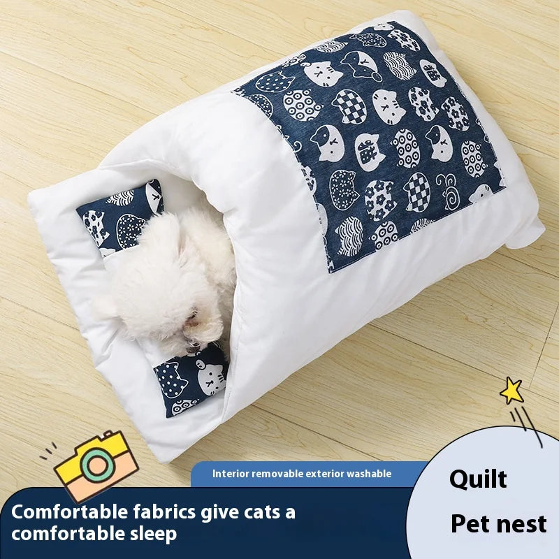 Japanese style pet sleeping pod with lucky cat pattern - white cat resting in semi-enclosed bed