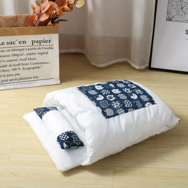 Japanese pet sleeping pod with navy lucky cat pattern - lifestyle shot in modern home decor