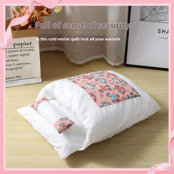 Japanese pet sleeping pod in pink geometric pattern - lifestyle shot in modern home setting
