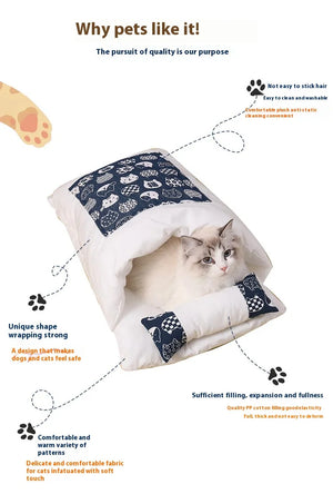 Japanese pet sleeping pod benefits infographic - why pets like it with feature callouts and white cat

