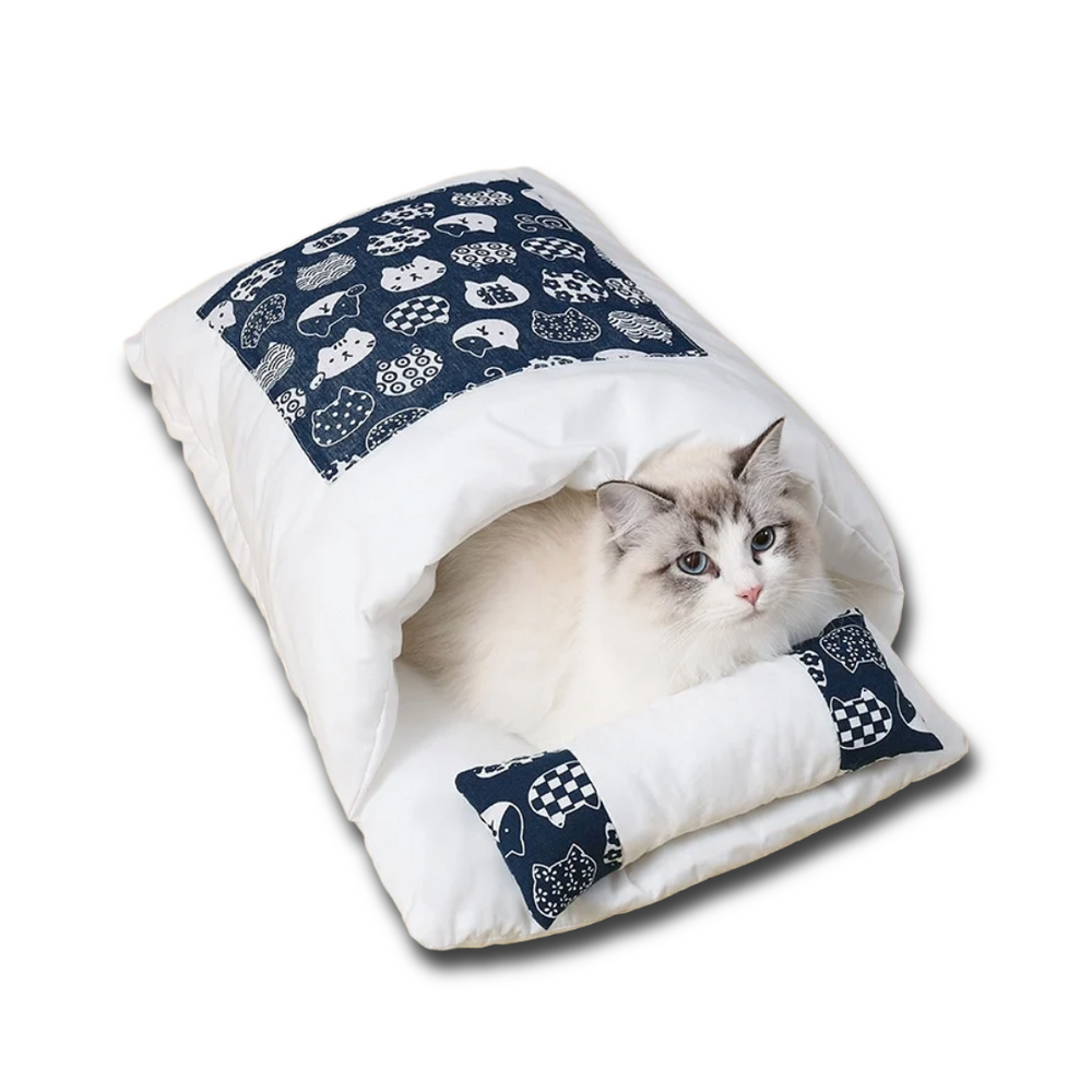 Japanese style pet sleeping pod with lucky cat pattern - white cat resting in semi-enclosed bed