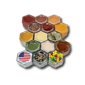 15-piece hexagon magnetic spice jar set with glass containers, perfect for organized kitchen storage