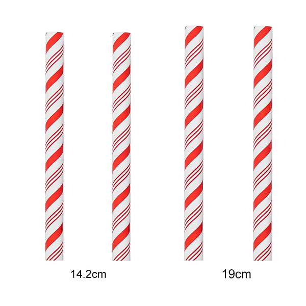 Four red and white striped straws of different lengths on a white background