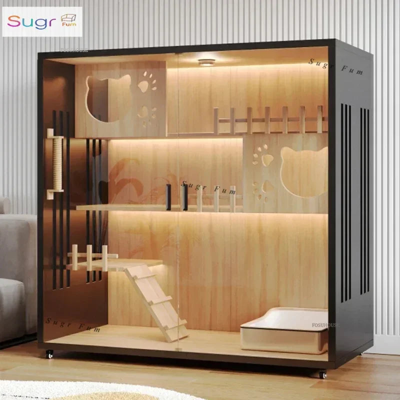 Modern solid wood cat villa with LED lighting - luxury multi-level cat house with glass front
