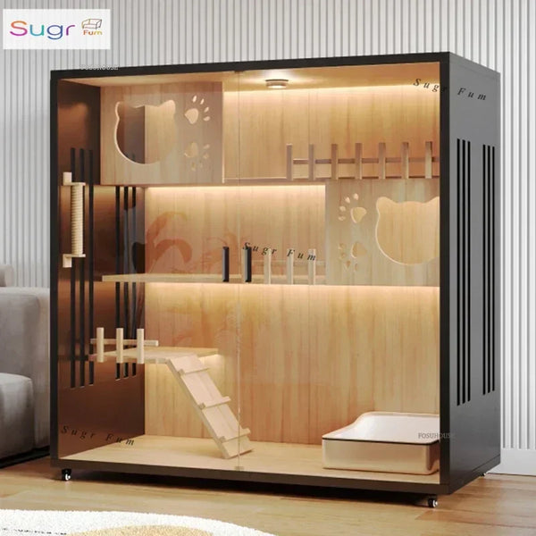 Modern Simple Solid Wood Cat Cages Indoor Cat House Light Luxury Large Free Space Movable Cages for Cats Villa Pet Cage for Home