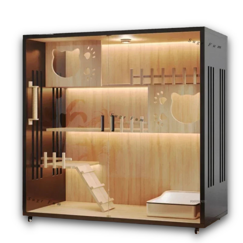 Modern solid wood cat villa with LED lighting - luxury multi-level cat house with glass front
