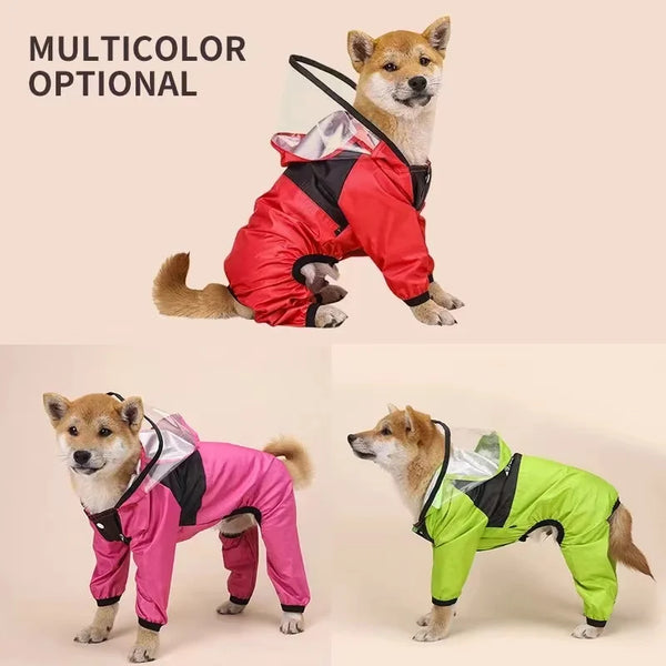 Waterproof dog raincoat in red pink green - full body jumpsuit with hood